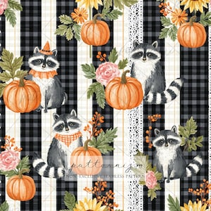 May include: A seamless pattern featuring raccoons, orange pumpkins, pink flowers, and green leaves set against a background of black and white buffalo plaid stripes. The design includes decorative lace-like vertical borders and orange berries.