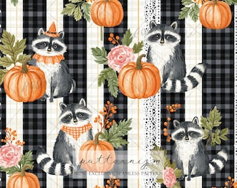 May include: A seamless pattern featuring raccoons, orange pumpkins, pink flowers, and green leaves set against a background of black and white buffalo plaid stripes. The design includes decorative lace-like vertical borders and orange berries.