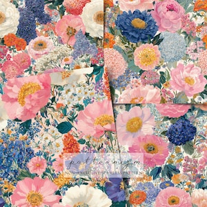 May include: A colourful floral design showcasing various flowers. Pink peonies, blue hydrangeas, and orange accents are set against a white backdrop. The text "patternizm" and "NON EXCLUSIVE SEAMLESS PATTERN" are displayed.