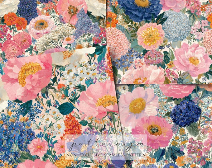 Vintage Botanical Peony Seamless Pattern Pack, 4 Watercolor Floral Garden Flowers for Scrapbooking & Fabric, Digital Download, Trending Now