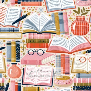 May include: A repeating pattern featuring open books, stacks of books, eyeglasses, ink pens, and decorative vases. The color palette includes pink, red, blue, gold, and cream. The design has a whimsical, artistic style.
