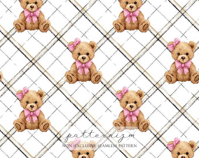 Cute Teddy Bear Seamless Pattern – Pink Bow Bear Repeat Design on Plaid Background for Nursery Fabric, Baby Shower Decor and Crafts