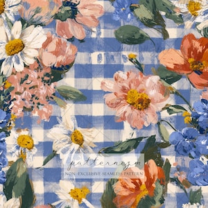 Seamless Blue Gingham Floral Pattern Digital Download – Cottagecore Daisy Flowers Illustration Fabric