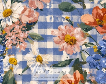 Seamless Blue Gingham Floral Pattern Digital Download – Cottagecore Daisy Flowers Illustration Fabric