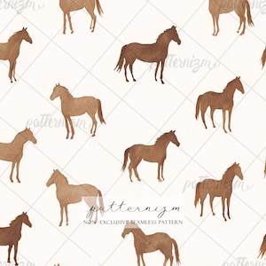 May include: Watercolor illustration of brown horses on a white background. The horses are in various poses, creating a repeating pattern. The text "patternizm" and "NON-EXCLUSIVE SEAMLESS PATTERN" are also visible.