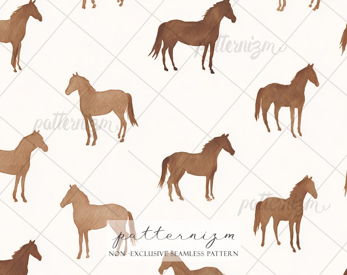 Watercolor Horse Seamless Pattern – Equestrian Farm Animal Print, Neutral Rustic Fabric Design, Western Cottagecore Style