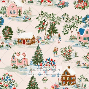 May include: A whimsical seamless pattern featuring gingerbread houses, evergreen trees, and figures in a winter landscape. The design includes pink and brown houses with white snow-covered roofs, surrounded by colorful foliage and snow. The text "NON EXCLUSIVE SEAMLESS PATTERN" is at the bottom.