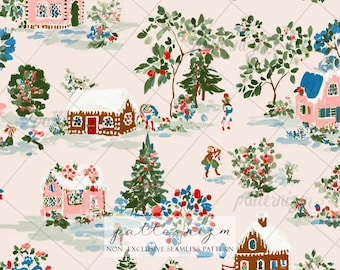 Christmas Village Seamless Pattern – Winter Holiday Cottage Scene, Festive Snowy Landscape Fabric Print, Cozy Christmas Design
