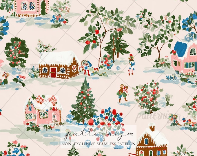 Christmas Village Seamless Pattern – Winter Holiday Cottage Scene, Festive Snowy Landscape Fabric Print, Cozy Christmas Design