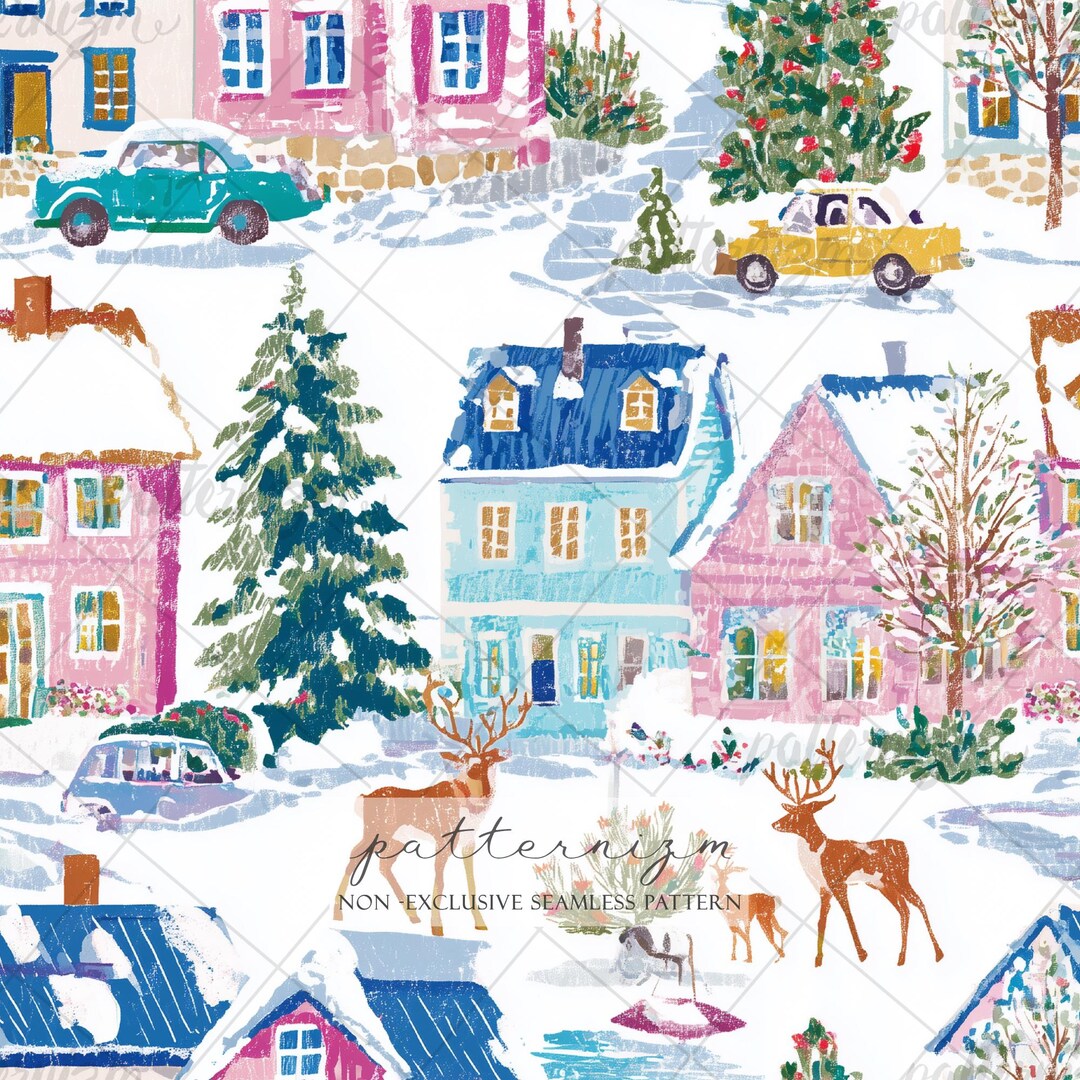 Seamless Winter Village Pattern Digital Download – Snowy Town, Reindeer ...