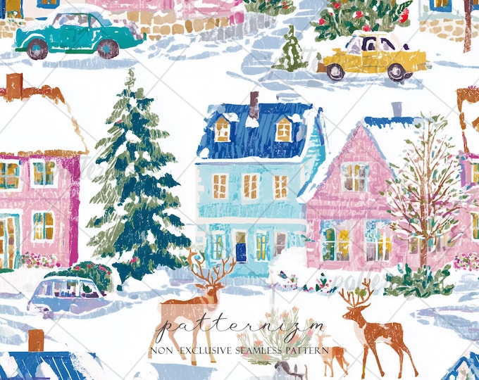 Seamless Winter Village Pattern Digital Download – Snowy Town, Reindeer & Colorful House Design, Whimsical Christmas Holiday Fabric