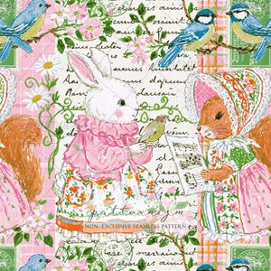 Seamless Vintage Bunny Pattern Digital Download – Storybook Squirrel & Songbird Design, French Floral Print, Whimsical Fabric Kids Crafts