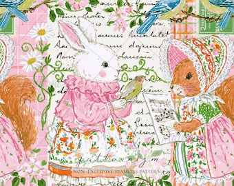 Seamless Vintage Bunny Pattern Digital Download – Storybook Squirrel & Songbird Design, French Floral Print, Whimsical Fabric Kids Crafts