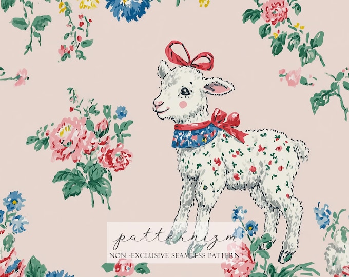 Vintage Lamb Floral Seamless Pattern – Cute White Lamb with Red Bow and Colorful Flowers on Pink for Baby Girl or Spring Crafts