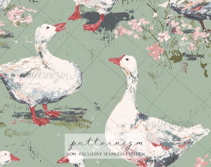 Seamless Goose Pattern Digital Download – Vintage Farm Duck Design, Cottagecore Animal Print, Rustic Floral Fabric, Country Decor