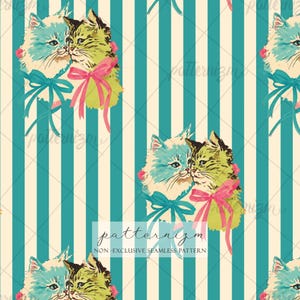 Seamless Pattern, Vintage Kitten Digital Download, Retro Cat Bow Repeat Design, Nostalgic Pet Wallpaper Fabric Print