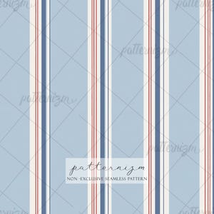 May include: A seamless digital pattern featuring vertical stripes in shades of light blue, white, dark blue, and thin red lines. The design includes a watermark with the text patternizm and the phrase NON-EXCLUSIVE SEAMLESS PATTERN.