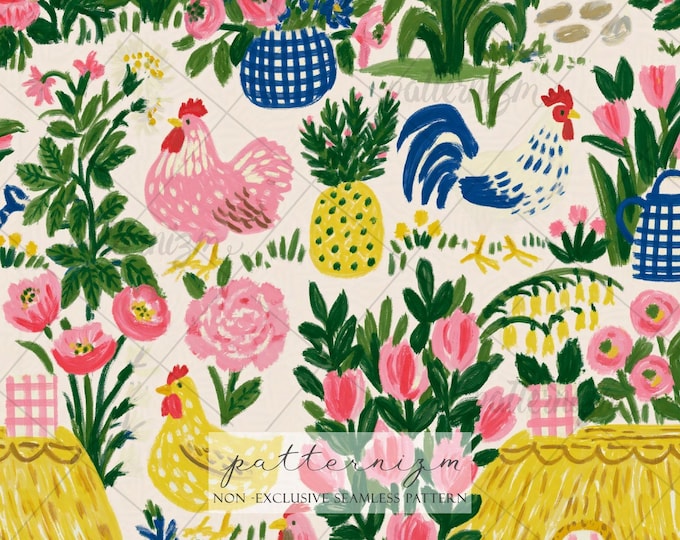 Whimsical Chicken Farm Seamless Pattern Digital Download – Cottagecore Floral Rooster Print for Fabric & Wallpaper