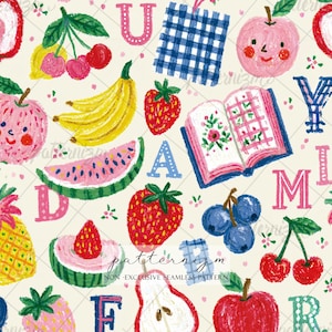 May include: A colourful seamless pattern with illustrations of fruits such as apples, bananas, strawberries, and watermelon. The design also includes alphabet letters, a book, and a gingham pattern, all in a playful, hand-drawn style.