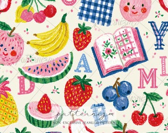 Seamless Girly Back to School Pattern Digital Download – Cute Fruit Alphabet Print, Preppy Classroom Fabric & Kawaii School Decor