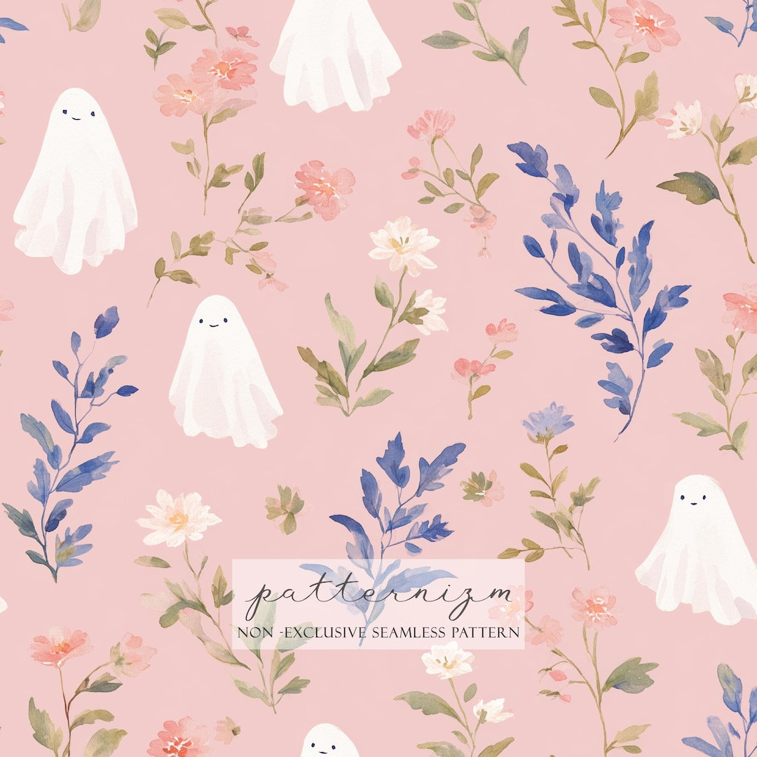 Cute Ghost Seamless Pattern – Soft Halloween Ghosts With Floral ...