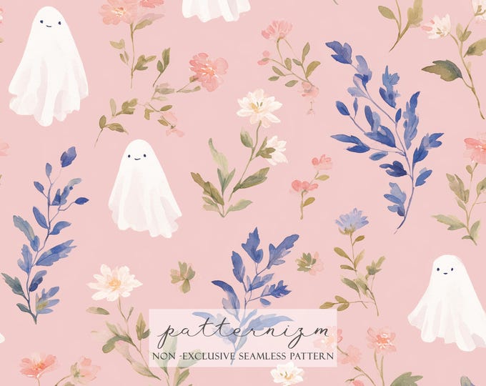 Cute Ghost Seamless Pattern – Soft Halloween Ghosts with Floral Botanicals, Pastel Spooky Repeat Design for Fabric, Nursery & Digital Paper