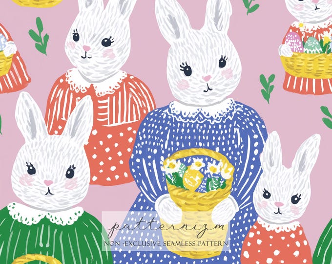 Cute Easter Bunny Basket Seamless Pattern – Painted Rabbit Characters, Spring Kids Fabric Print
