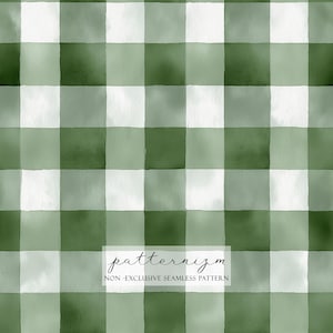 May include: A seamless gingham pattern in shades of green and white. The design has a watercolour effect, giving a soft, textured appearance. The text "patternizm" and "NON-EXCLUSIVE SEAMLESS PATTERN" are visible.