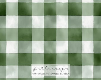 Green Gingham Seamless Pattern, Christmas Green Checkered Background, Watercolor Green Plaid Pattern, Cottage Green Gingham Seamless Pattern
