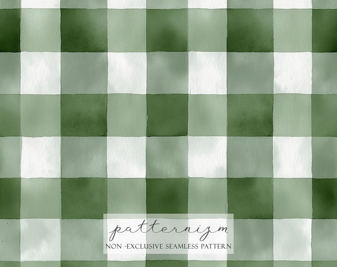 Green Gingham Seamless Pattern, Christmas Green Checkered Background, Watercolor Green Plaid Pattern, Cottage Green Gingham Seamless Pattern