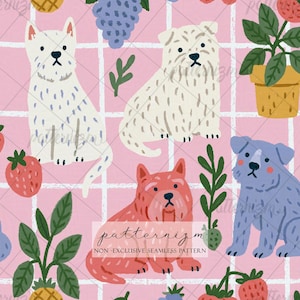 May include: Seamless pattern featuring illustrated dogs in white, red, and blue, along with strawberries, grapes, and potted plants on a pink grid background. The text "patternizm" is visible.