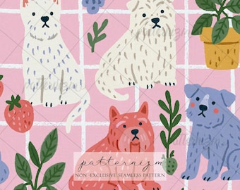 Cute Dog Seamless Pattern Digital Download – Strawberry Puppy Fruit Grid Print, Whimsical Pet Fabric Design