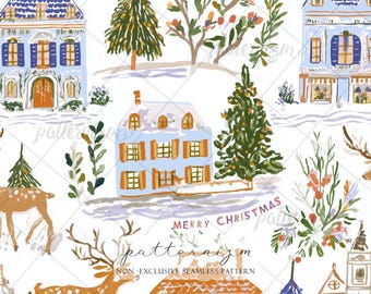 Seamless Merry Christmas Village Pattern Digital Download – Blue Holiday Houses, Reindeer & Winter Town Design, Festive Fabric Print