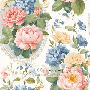 May include: Watercolor floral pattern featuring pink roses, blue hydrangeas, and yellow flowers on a white background. The design includes an oval frame with flowers and the text "patternizm - NON-EXCLUSIVE SEAMLESS PATTERN".