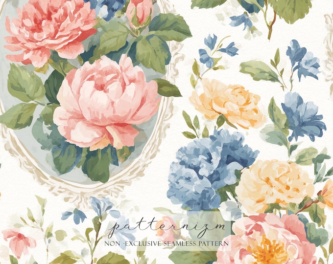 Watercolor Floral Bouquet Pattern Digital Paper – Romantic Roses and Garden Flowers, Vintage Seamless Design