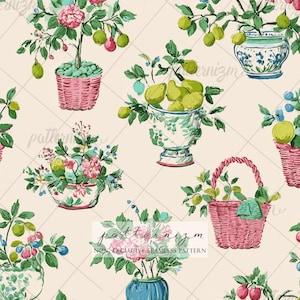 Vintage Kitchen Garden Seamless Pattern Floral Fruit Pots Cottagecore Botanical Fabric