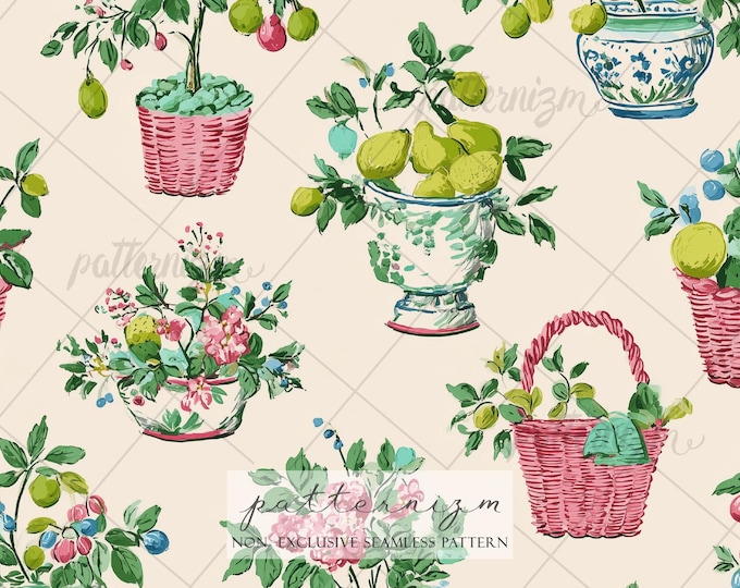 Vintage Kitchen Garden Seamless Pattern Floral Fruit Pots Cottagecore Botanical Fabric