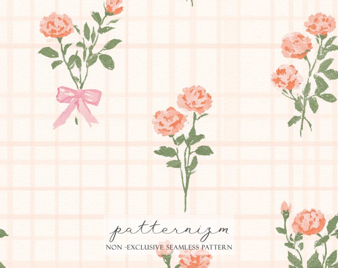 Rose Bouquet Seamless Pattern – Pink Bow Flowers on Soft Plaid, Romantic Cottage Digital Paper