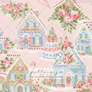 May include: A seamless pattern featuring hand-painted illustrations of gingerbread houses and tiered cakes decorated with pink roses and green leaves on a light pink background. The design includes blue shutters, candy canes, and wreaths.