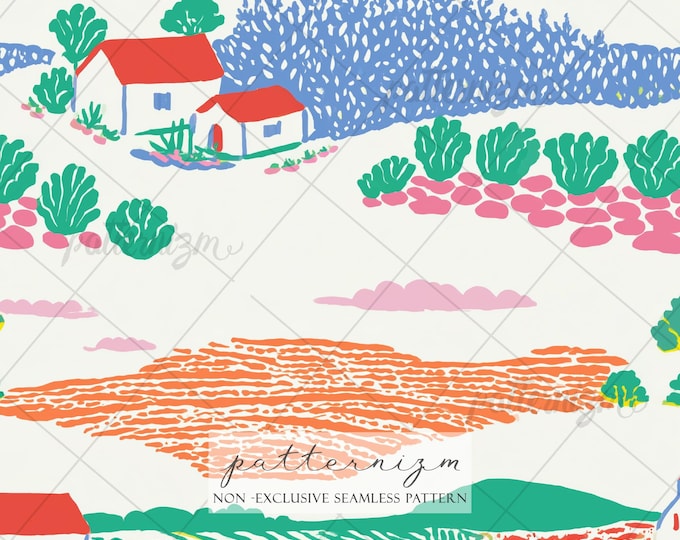 Naive Countryside Landscape Seamless Pattern – Whimsical Farm Life Design, Sheep & Cottage Printable, Pastoral Fabric for Nursery, Kids
