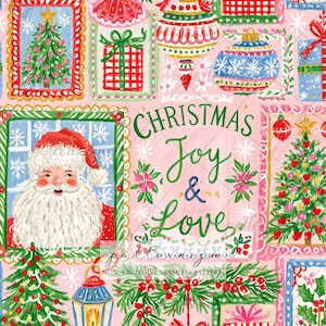 Puede incluir: Un patrón sin costuras sobre fondo rosa con ilustraciones pintadas a mano de Papá Noel, árboles de Navidad, adornos y regalos. El texto "CHRISTMAS Joy & Love" está escrito en letras verdes en el centro, rodeado de motivos festivos.