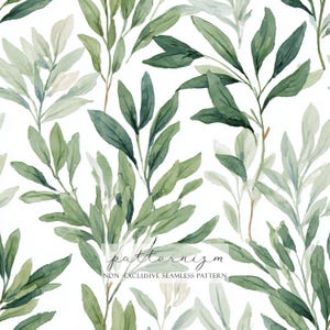 May include: A watercolour seamless pattern featuring green leaves and branches against a white backdrop. The leaves display varying shades of green. The text "patternizm" and "NON-EXCLUSIVE SEAMLESS PATTERN" are visible.