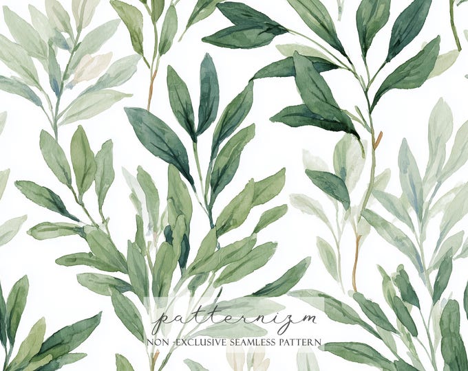 Watercolor Olive Branch Pattern Digital Paper – Soft Green Botanical Leaves, Minimal Design for Fabric & Home Decor, Wedding Background