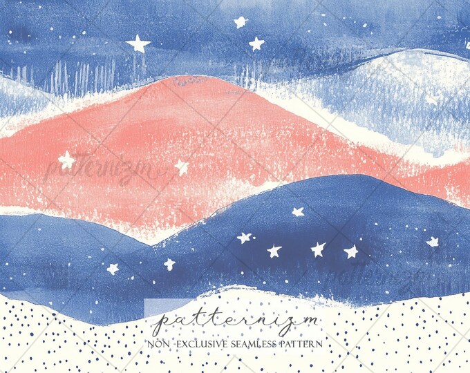Seamless Patriotic Abstract Wave Pattern Digital Download – Red Blue Watercolor Stars Design, 4th of July Artistic Fabric, Americana Print