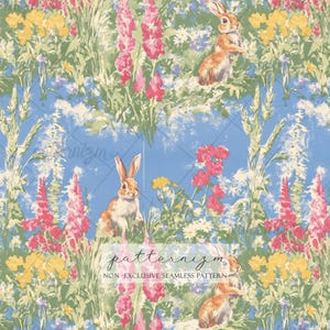 Peut inclure: Motif sans couture avec des lapins dans un champ de fleurs roses, jaunes et blanches, sur fond de feuillage vert et de bleu clair. Le texte "patternizm" et "NON-EXCLUSIVE SEAMLESS PATTERN" sont visibles.
