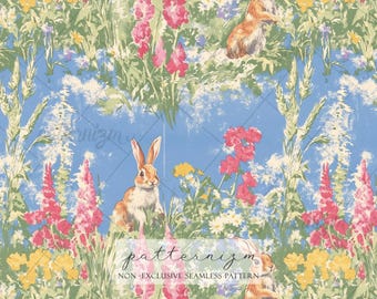 Seamless Easter Bunny Garden Pattern Digital Download – Spring Rabbit Floral Meadow Design, Cottagecore Fabric Print