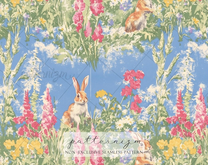 Seamless Easter Bunny Garden Pattern Digital Download – Spring Rabbit Floral Meadow Design, Cottagecore Fabric Print