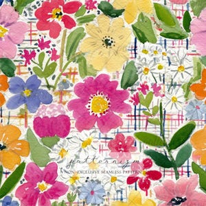 May include: Watercolor floral pattern featuring a variety of flowers in shades of pink, yellow, orange, and blue, with green leaves. The design includes a subtle grid background and the text "patternizm NON-EXCLUSIVE SEAMLESS PATTERN".