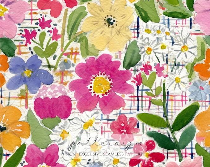 Seamless Summer Birthday Floral Pattern – Vibrant Watercolor Garden Design, Bright Colorful Boho Flower Fabric, Artistic Party Digital Paper