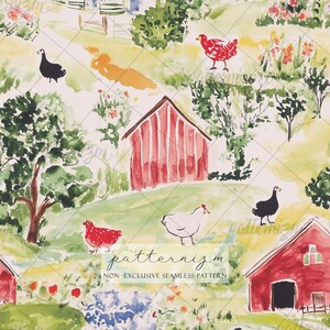 May include: A watercolour illustration of a farm scene featuring red barns, green trees, and chickens. The image has a soft, painterly style with a yellow and white background. The text "patternizm" and "NON-EXCLUSIVE SEAMLESS PATTERN" is visible.